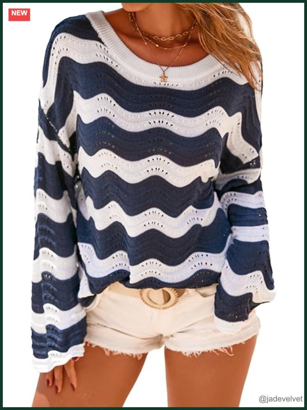 Linen Blend Oversized Crochet Bell Sleeve Striped Beach Vacation Top